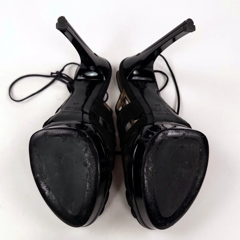 Bruno Magli Empress Black Suede Lace-Up Platform Heels Sandals Sz 38 w/ Box - Picture 9 of 11